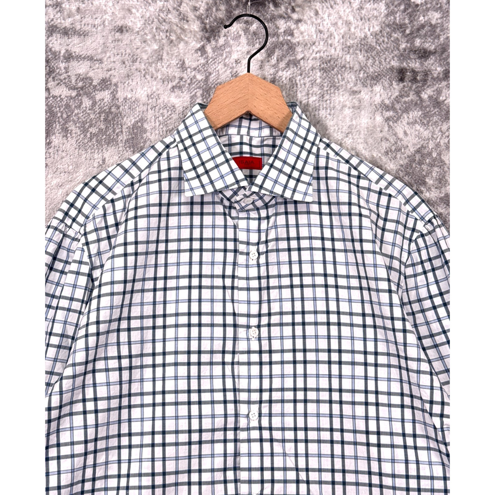 ISAIA Dress Shirt 17 / 43 Mens White & Gray Windowpane Check